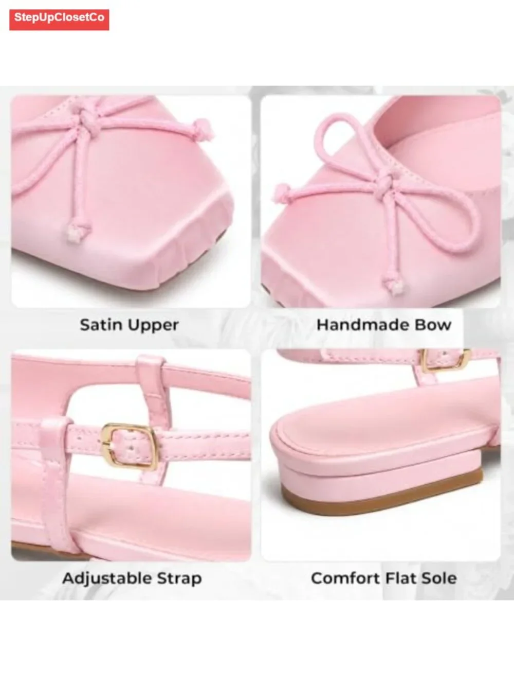 Satin Ballet Flats with Square Toe, Bow, and Ankle Buckles - Dressy